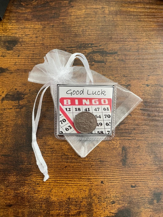 BINGO lucky sixpence coin for good luck on cards win game gift for a player fun quirky humorous organza bag poem keep inside purse or wallet