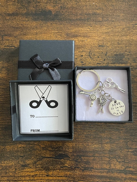 Love Is In The HAIR Key Ring Or Bag Charm Pendant Hair Stylist Dresser Dryer Scissors Comb Brush Charms Keepsake Gift Set Thank You Birthday
