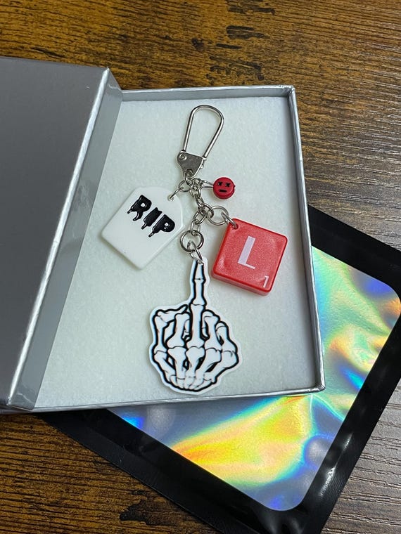 PERSONALISED Scrabble Initial Letter Charm RIP Grave Stone Middle Skeleton Finger Emoji Face Keepsake Charm Set Gift Box Halloween Birthday