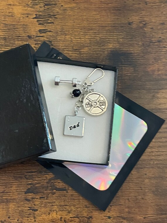 Weight lifting key ring charm pendants for any occasion dumbbell weights disc beads for anyone dad sister christmas gift boxed fab quirky