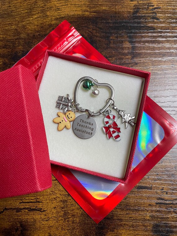 CHRISTMAS Teacher Apple Shape Keyring Gingerbread Man Candy Cane Tree Jingle Bells Thanks Teacher Teaching Assistant Keepsake Fun Novelty