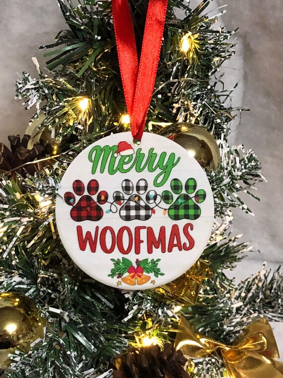 Merry WOOFMAS Christmas Tree Decoration Paw Prints Pet Lover Secret Santa Stocking Filler Shimmer Gift Bag Vinyl Print Gift Tartan Quirky