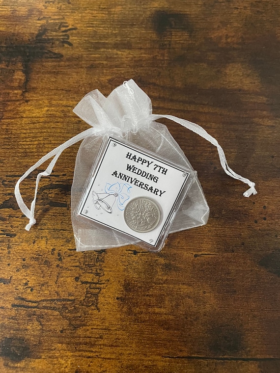 1st To 12th Wedding Anniversary Lucky Old Sixpence Coin Keepsake Gift Bells Wallet Or Purse Organza Bag Card Quirky Fun Husband Wife Pouch