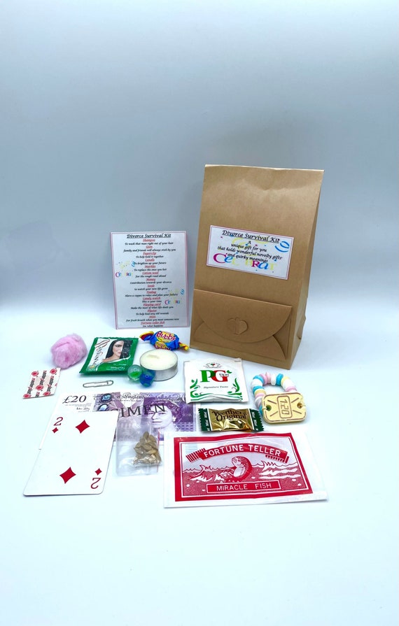 DIVORCE Fun Novelty Survival Gift & Personalised Card Optional Present Quirky Unique Paper Bag Envelope Fortune Teller Fish Money Shampoo