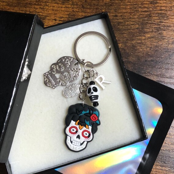 Personalised Initial Letter LAND Of The DEAD Key Ring Bag Charm Set Skeletons Colourful Halloween Film Inspired Keepsake Fun Gift Box Bag