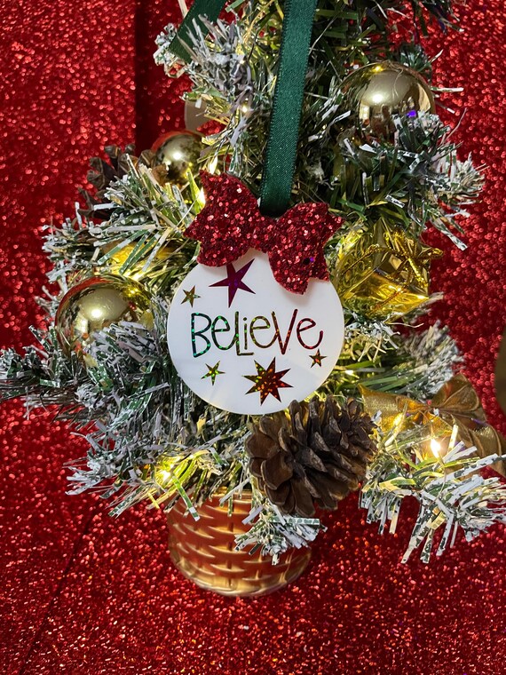 BELIEVE in Christmas Santa Magic Jesus tree decoration bauble keepsake gift bag stars ribbon wall hanger choice of colours secret santa