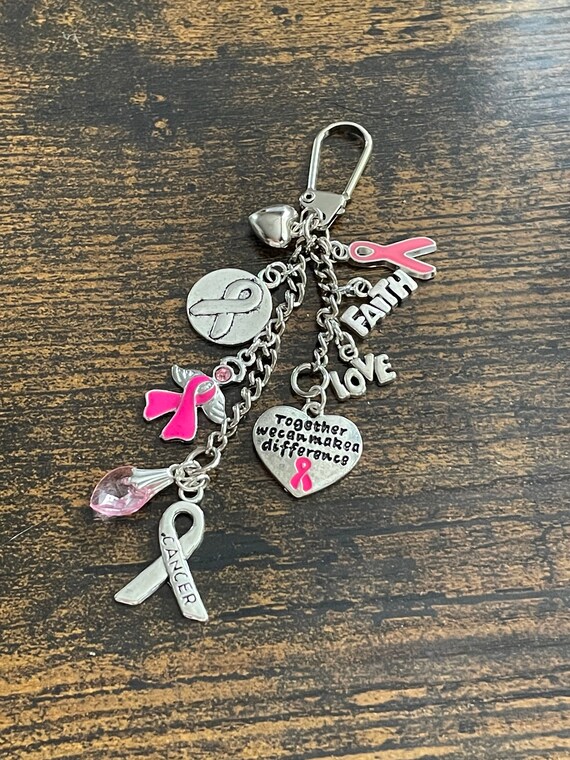 Breast Cancer Awareness HOPE FAITH LOVE Key Ring Charm Set Ribbon Bow Guardian Angel Hearts Keepsake Together We Can Make A Diffence