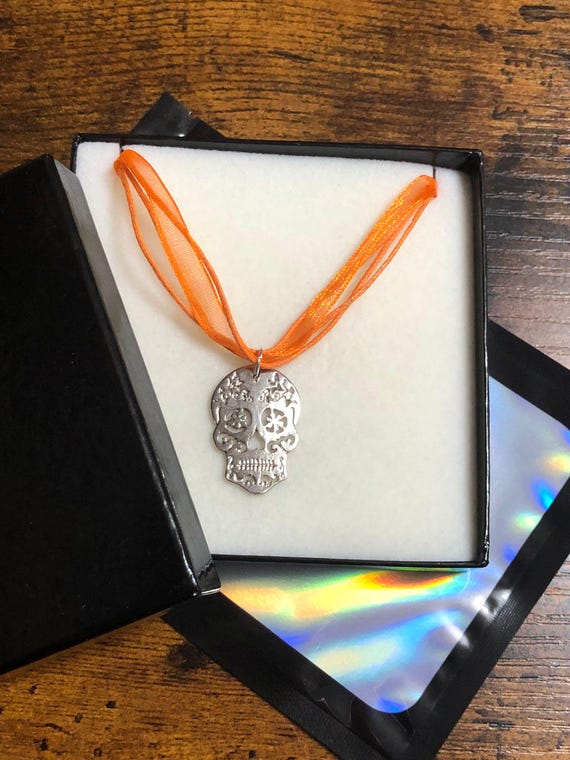 HALLOWEEN SKELETON Necklace Set Orange ribbon voile necklace 46cm 18” acrylic style charm gift box set fun quirky any occasion