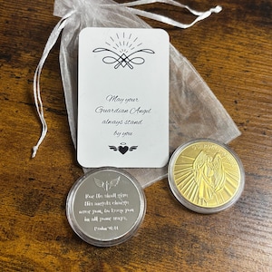 Bolsa de regalo con forma de moneda grande de ángel de la guarda, color dorado y plateado, ideal para bautizos, recuerdos de buena suerte, poema de bolsillo, para cualquier ocasión, impreso y grabado.