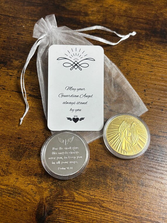 GUARDIAN ANGEL Large Coin Card Gift Bag Gold Silver Colour Christening Good Luck Keepsake Set Pocket Poem Any Occasions Printed Engraved