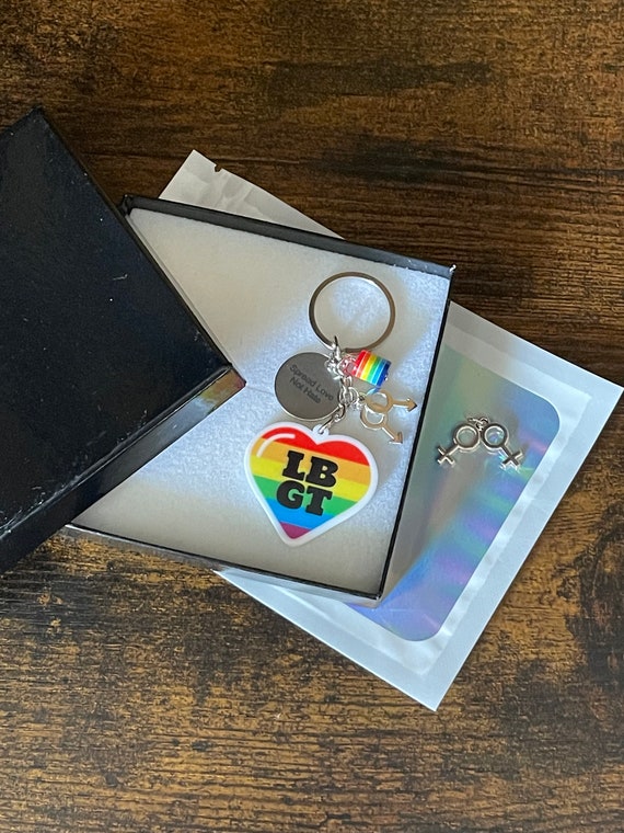 LGBTQ PRIDE Key Or Bag Charm Pendant Set Male Female Symbols Rainbow Heart Spread Love Not Hate Gift Box Gift Bag Partner Month June Quirky