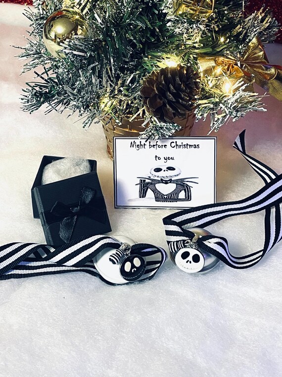 Disney Film Inspired Night Before Christmas Tim Burton Jack Face Charm Metal Jingle Bell White Matt Silver Gift Boxed With Card Ribbon Tree