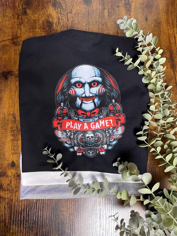 Want To Play A Game Printed T Shirt SAW Filmed Inspired WOMANS Vinyl Scary Halloween Christmas Fun Spooky Gift Jigsaw Phrase Mask