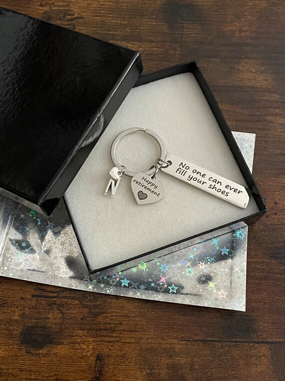 PERSONALISED Initial Letter Charm Happy Retirement Heart Tag Charm Set No One Can Ever Fill Your Shoes Keepsake Gift Box Shimmer Gift Bag