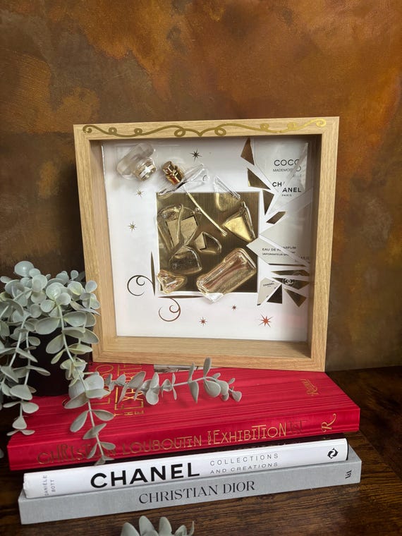 Broken Branded Chanel Perfume Bottle Wall Art Frame Gift Set Recycled Handmade Pop Art Resin Made Wood Gold Colours Unique Quirky Keepsake