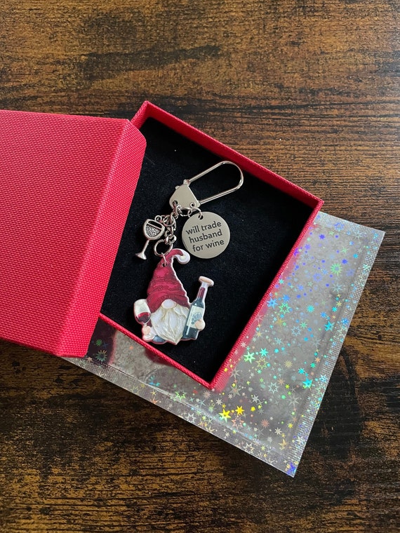 Gonk Gnome Key Ring Chain Charm Set Will Trade Husband For Wine Fun Quirky Wine Glass Birthday Christmas Gift Box Or Glitter Bag Keepsake