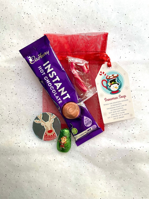 SNOWMAN SOUP And Friends Hot Chocolate Gift Bag Set Elf Reindeer Candy Cane Card Poem Christmas Eve Box Secret Santa Movie Night Xmas Day