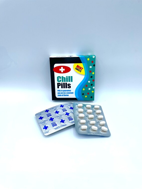 CHILL PILLS KARMA Fun Novelty Quirky Humorous Mint Sweets Gift Birthday Christmas Secret Santa Warning This Is Not A Medicine Pack Laugh