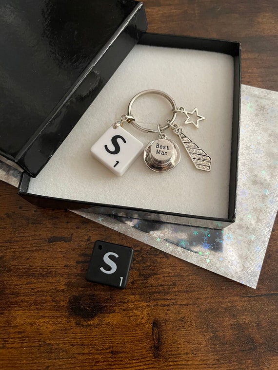 PERSONALISED Scrabble Letter Charm Pendant Thank You For Being Our PageBoy Usher Best Man Top Hat Tie Hearts Gift Boxed Bag Keepsake Wedding