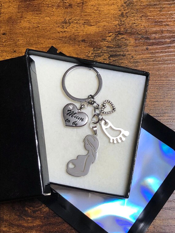 MUM TO BE Key Ring Bag Pram Charm Heart Baby Feet Mother Bump Baby Shower Gift Box Gift Bag Keepsake Beautiful Quirky Stainless Steel New