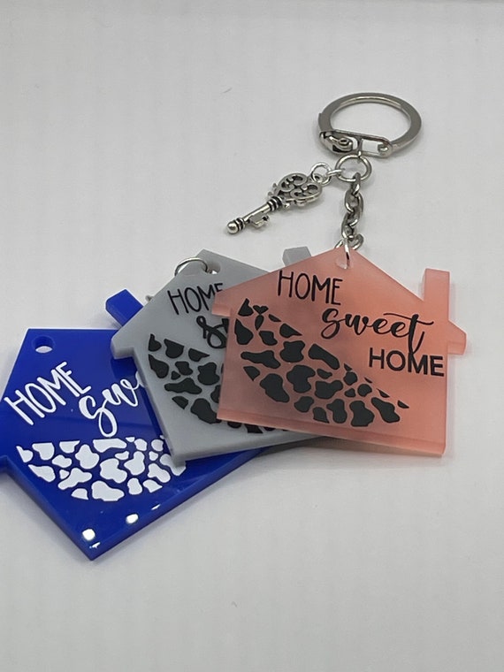 Home Sweet Home Key Ring Charm Set For House Keys Vinyl Leopard Printed colours acrylic charm housewarming friends gift anyone novelty fun