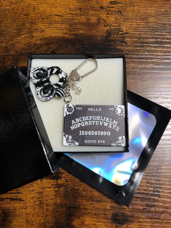 Personalised Initial Letter Key Charm Planchette Ouija Board Style Witch Craft Halloween Spooky Gift Boxed Or Gift Bag Black White Colours