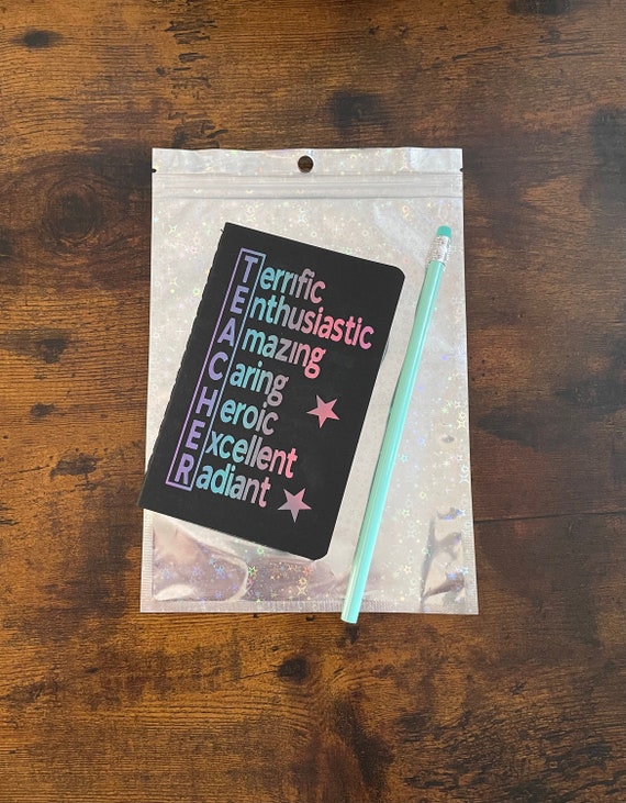 TEACHER Word Art MINI Notebook + Pencil Thank You Gift Terrific Enthusiastic Amazing Caring Heroic Excellent Radiant End Of Term Thank You