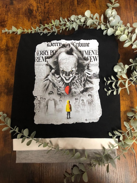 Penny Wise Clown Film IT Inspired Heat Transfer T shirt Halloween Vinyl Print Red Balloon Yellow Coat Picture Scary Fun Novelty Quirky Gift