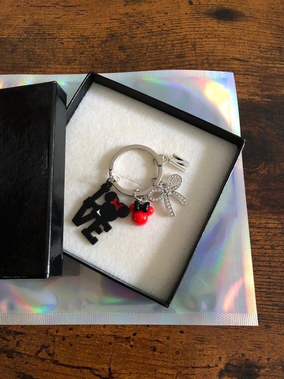 PERSONALISED LOVE Key Ring Bag Charm Initial Letter Minnie Mouse Rhinestone Bow Disney Inspired Keepsake Novelty Gift Box Bag Birthday Xmas