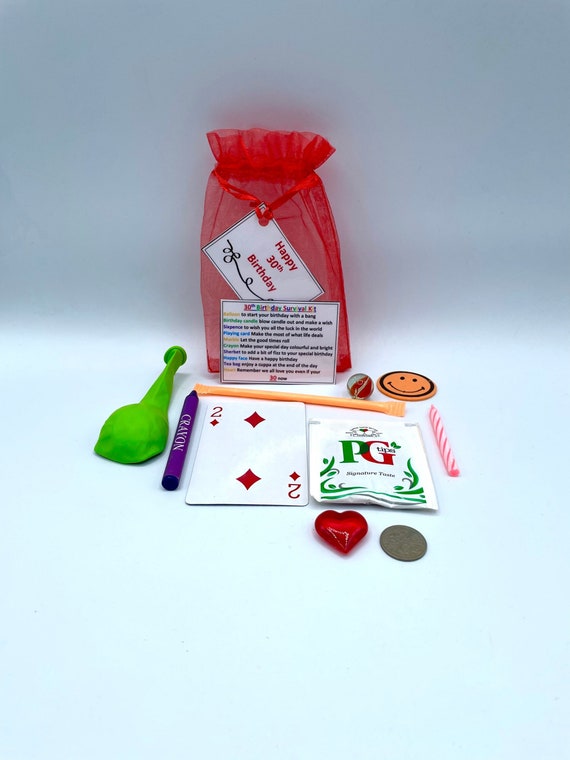 30th THIRTY Survival Kit Fun Novelty Gift Present Birthday Greeting Cards Unique Quirky Colour Organza Bag Candle Card Balloon Smiles