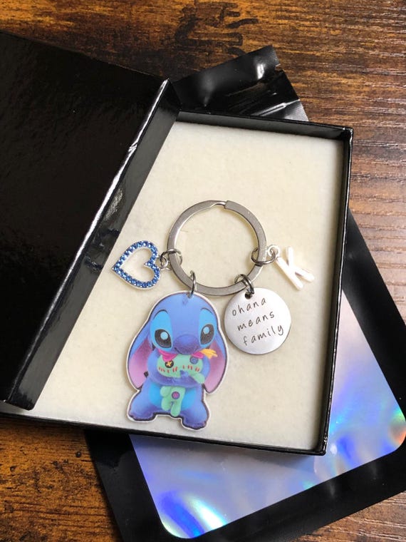 Personalised Initial Letter OHANA MEANS FAMILY Keyring Bag Charm Stitch Disney Film Inspired Rhinestone Heart Keepsake Gift Box Bag Quirky