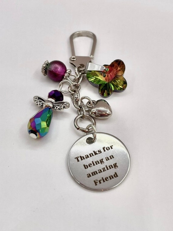Thanks for being an amazing friend keepsake key or bag charm pendant set crystal heart or butterfly angel hearts gift box any Occasion beads