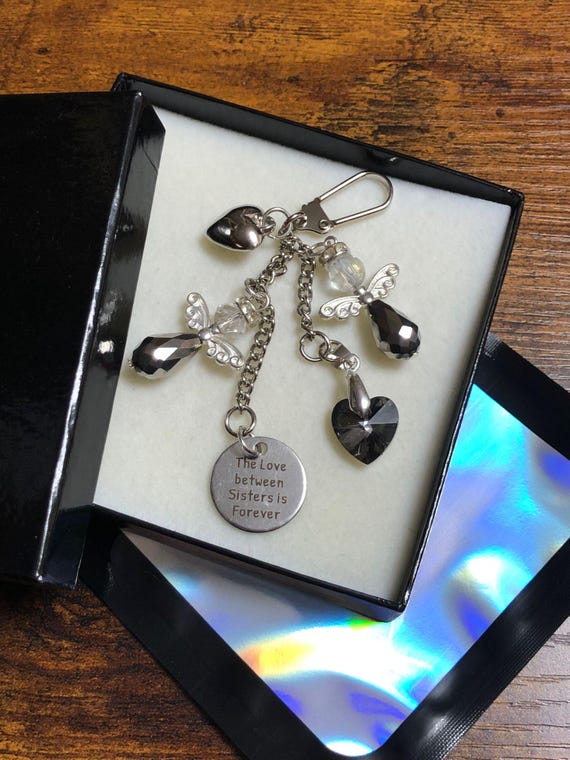 The love between sisters is forever two crystal angels hearts key ring charm pendant keepsake gift choice of colour angels gift boxed xmas