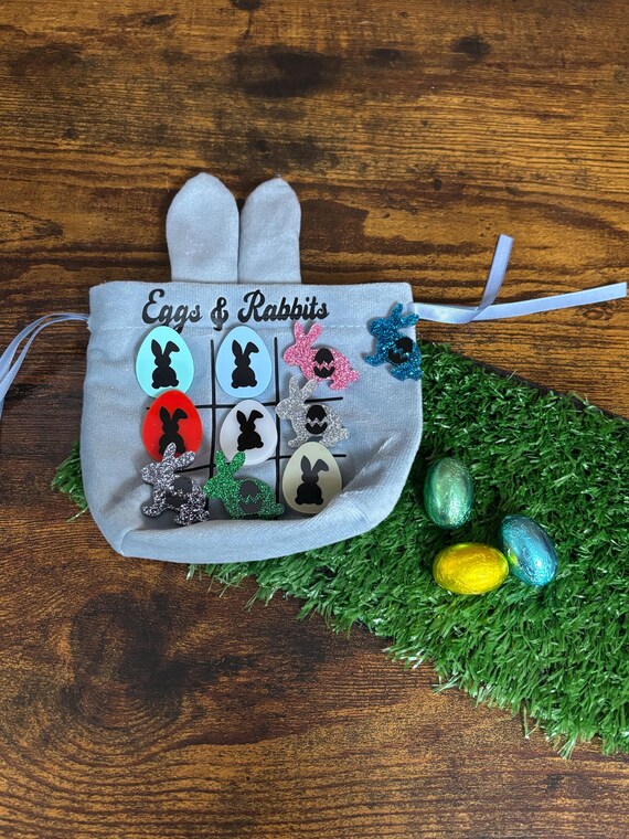 Eggs & Rabbits Tic Tac Toe Naughts Crosses Bunny Ears Bag Game Easter Fun Colour Velvet Rabbits Eggs Shape Mixed Colours Quirky Keepsake Set
