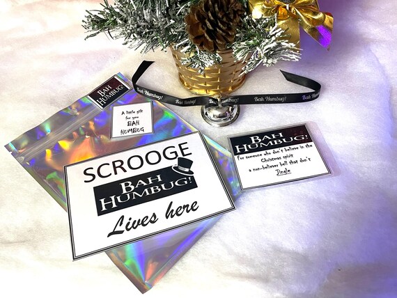 BAH HUMBUG Christmas Non Jingle Bell Grumpy People Scrooge Gift Boxed Believe Polar Express Style Bell Humbug Card Black Ribbon