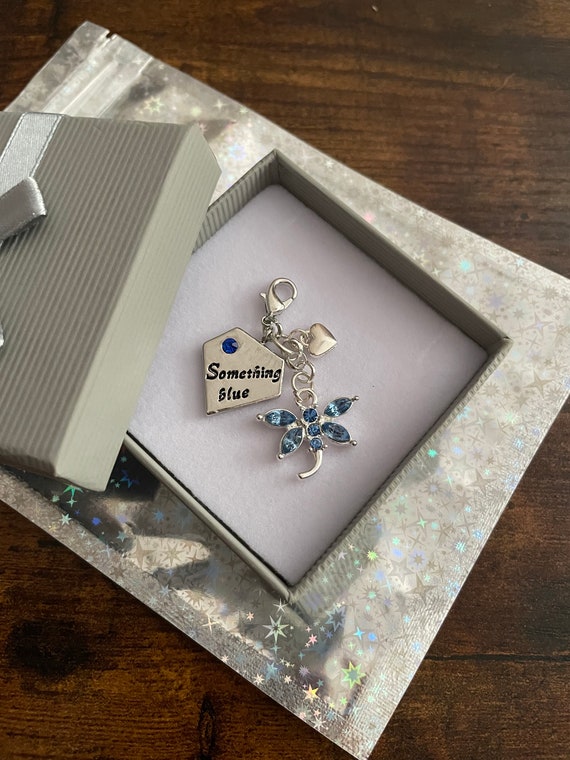 Something Blue Bride To Be Wedding Rhinestone Dragonfly Diamond Shape Charm Keepsake Hen Party Gift Box Garter Bouquet Traditional Poem