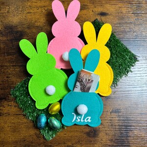 EASTER Personalised Bunny Rabbit Money Holders White Tail Mixed Colours Confetti Vinyl Printed Name Put Inside Card Egg Hunt Party Favours