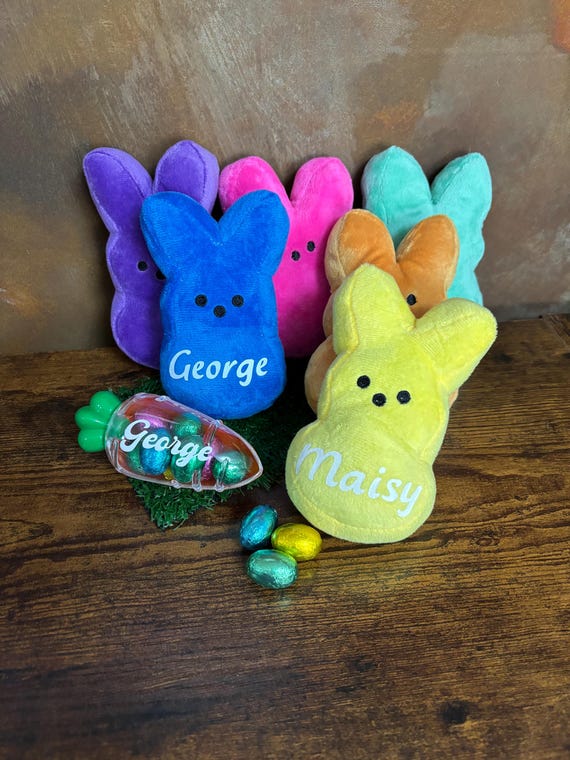 Personalised Name Plush Rabbit And Carrot Easter Gift Set Sweet Container Any Colour Bunny Vinyl Printed On Both Keepsake Novelty Quirky