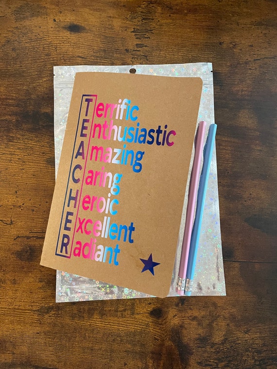 TEACHER Word Art NOTEBOOK Two Pencils Thank You Gift Terrific Enthusiastic Amazing Caring Heroic Excellent Radiant End Of Term Thank You FUN