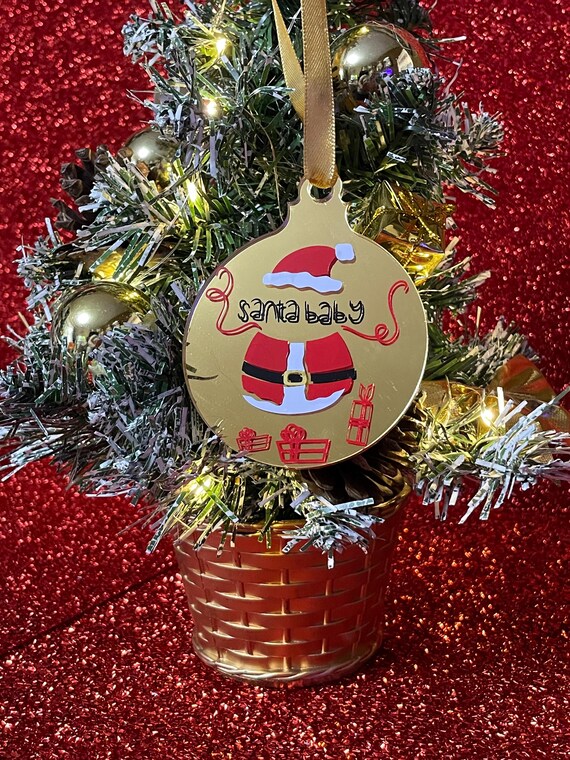 SANTA BABY Christmas Tree DeCoration Hanger Bauble mirror effect gift ribbon gift bag