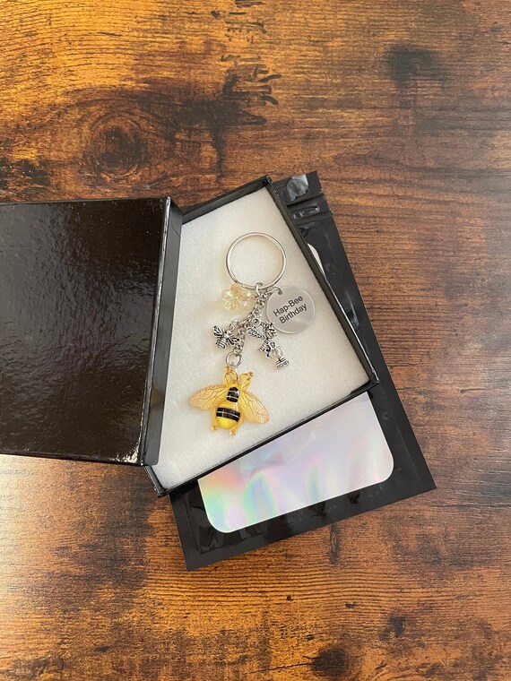 HAP-BEE Happy Birthday Bees Key Ring Charm Pendant Keepsake Gift Box Or Bag Set Choice Of Colour Honey Flowers Friend Family Member Quirky