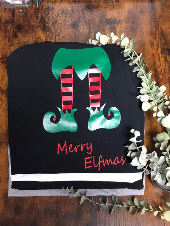 MERRY ELFMAS Elf Elves Legs Christmas T-Shirt Fitted Or Loose Woman's Vinyl Printed Christmas Day Present Fun Quirky Gift Red Black Green