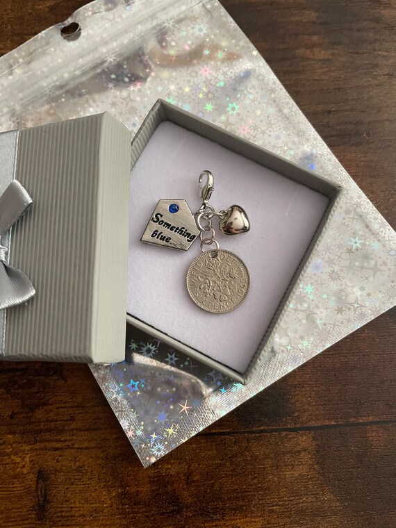 BRIDE TO BE Something Blue And A Lucky Sixpence Too Garter Or Bouquet Diamond Shape Charm Lobster Clasp Gift Box Set Good Luck Gift Wedding