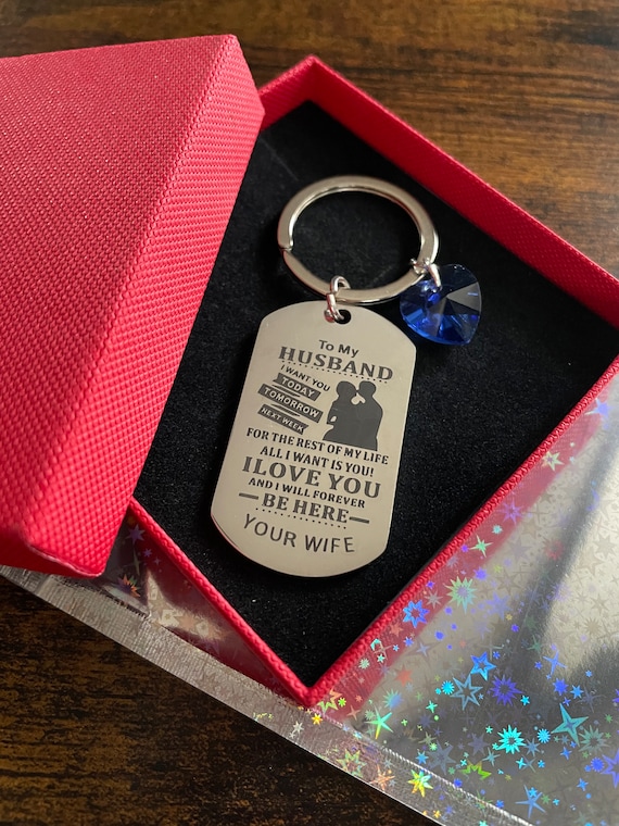 To My Husband From Your Wife Key Ring Charm Set Blue Crystal Heart I love You Poem On Tag Charm Gift Boxed Any Occasion Time