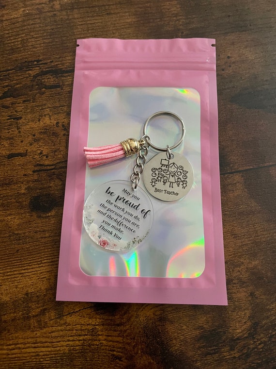 BEST TEACHER Key Ring Bag Charm Thank You Be Proud Of The Work You Do Pink Tassel Shimmer Bag Engraved Special Keepsake End Of Term Xmas