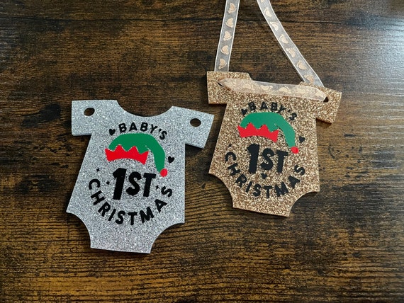 Baby’s first Christmas VEST style tree decoration bauble baby feet ribbon elf hat gift bag glitter