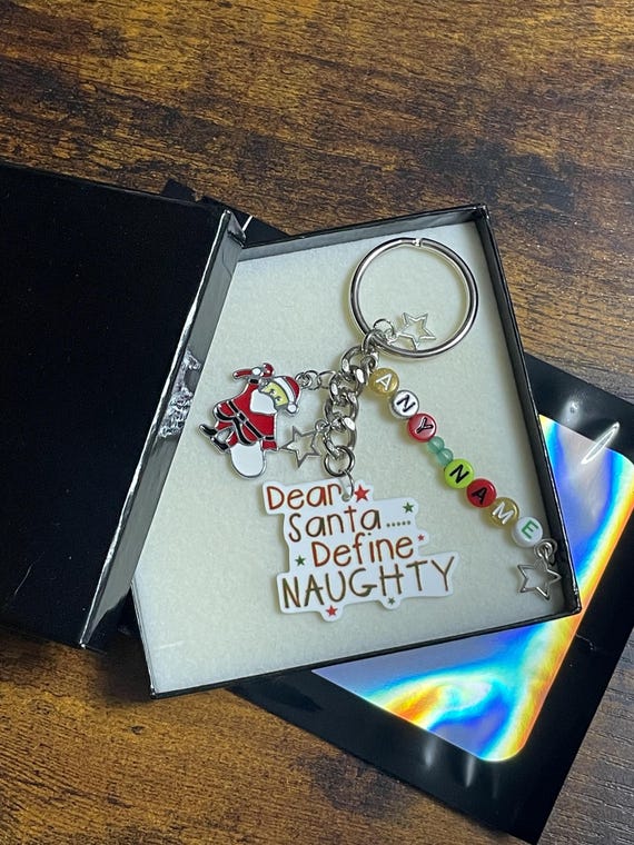 PERSONALISED Beads Name Key Ring Or Bag Charm Pendant Dear SANTA Define NAUGHTY Candy Cane Star For Anyone Gift Box Shimmer Bag Secret Santa