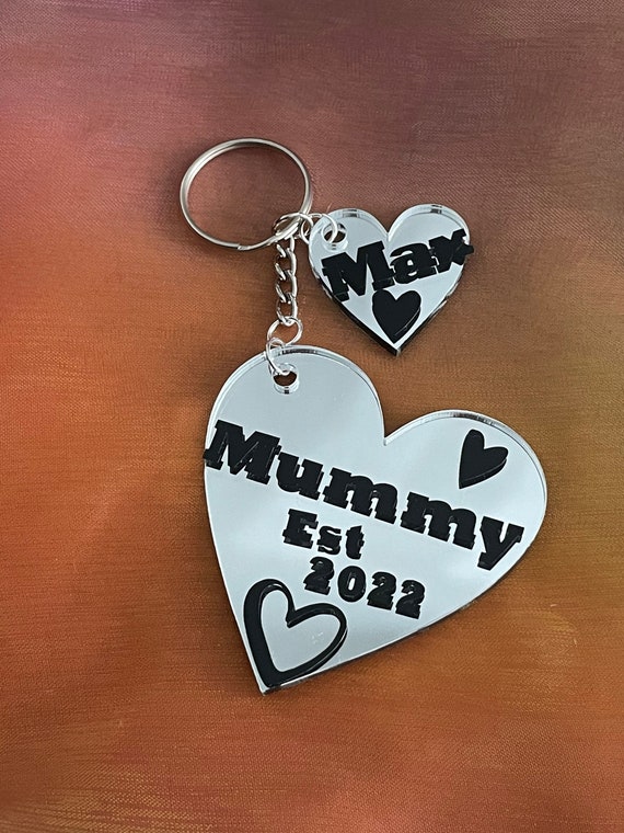 New Mummy SILVER MIRROR key ring charm Mum ESTABLISHED large small hearts with child children’s name and date of birth keepsake newborn