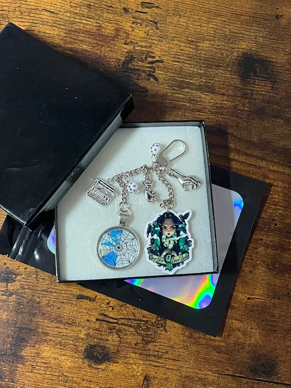 Wednesday Addams Film Series Inspired Double Key charm Pendant Set Thing Hand Monster Typewriter Adams Family Black White Stars Gift Box Bag