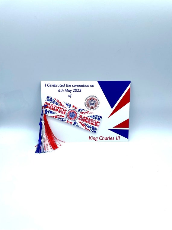 King Charles III Coronation FLOWERS BOOKMARK Keepsake Gift 2023 Three Tassels Reader Celebrated Card Royal Emblem Readers Red White Blue